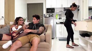 Naughty college girl fucks her mom's boyfriend on the couch in front of her!