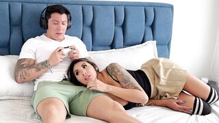 My stepsis surprises me with a blowjob while she lies down on my legs!