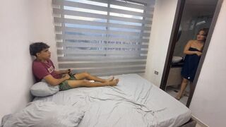 Stepmother catches her stepson masturbating and helps him cum quickly with her luscious pussy.