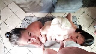 Two Brunettes Teach a Blonde About BDSM and Blowjobs