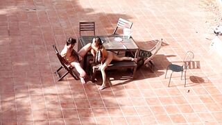 Public Courtyard Blowjob and Fucking with a Hot Brunette Amateur Couple