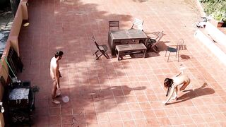 Public Courtyard Blowjob and Fucking with a Hot Brunette Amateur Couple