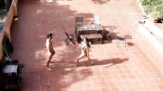 Public Courtyard Blowjob and Fucking with a Hot Brunette Amateur Couple