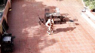 Public Courtyard Blowjob and Fucking with a Hot Brunette Amateur Couple