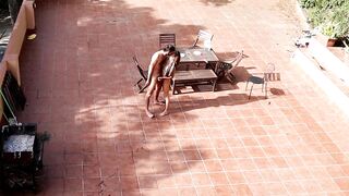 Public Courtyard Blowjob and Fucking with a Hot Brunette Amateur Couple