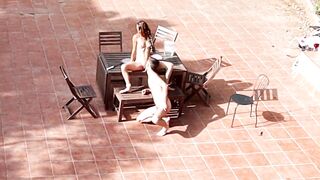 Public Courtyard Blowjob and Fucking with a Hot Brunette Amateur Couple