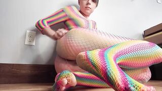 Teen in Rainbow Fishnets Fingers Herself