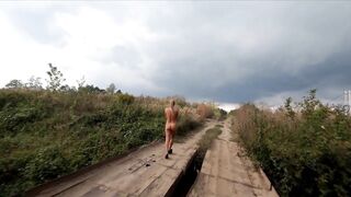 Risky Public Walk - Naked on a Broken Bridge