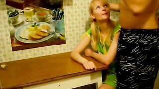 Blonde Girl's Kitchen Table Blowjob and Hardcore Fuck