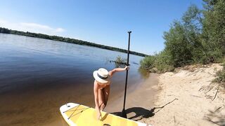 Blonde MILF Plays with Dildo and Gives Blowjob on a SUP Board
