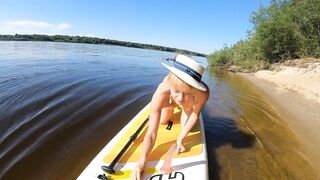 Blonde MILF Plays with Dildo and Gives Blowjob on a SUP Board