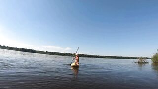 Blonde MILF Plays with Dildo and Gives Blowjob on a SUP Board