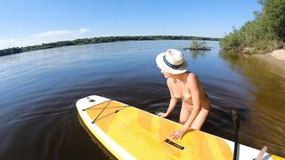 Blonde MILF Plays with Dildo and Gives Blowjob on a SUP Board