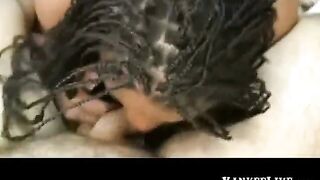 Ebony Amateur Gives a Blowjob and Handjob to a Lucky White Cock