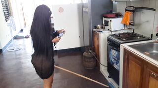 Mexican stepmother with a big ass masturbates in the kitchen