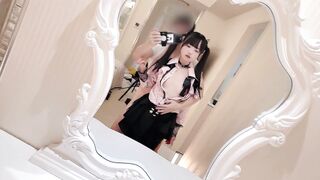 Fiercely making love standing doggy style with a cheeky, cute Japanese girl who's a total landmine