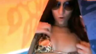 Brunette Flashes Webcam by the Pool