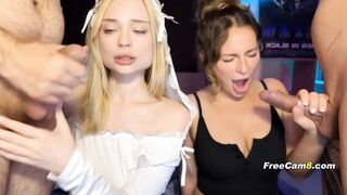 Two Slutty Babes Sucking Cock Side by Side