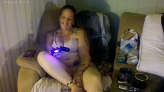 Hot Girlfriend Smoking Cigarettes Playing video Games In Purple Bra and Panties