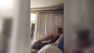Nasty roommate masturbating to pretty busty girl in bra and panties while she is playing video games