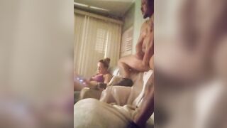 Nasty roommate masturbating to pretty busty girl in bra and panties while she is playing video games