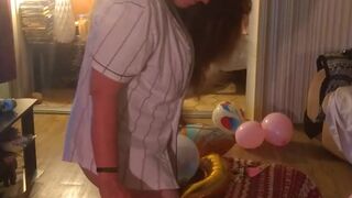 Hot step mom in bra and panties popping balloons with cigarettes, gets her horny and pussy soaked