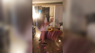 Hot step mom in bra and panties popping balloons with cigarettes, gets her horny and pussy soaked