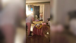 Hot step mom in bra and panties popping balloons with cigarettes, gets her horny and pussy soaked