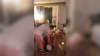 Hot step mom in bra and panties popping balloons with cigarettes, gets her horny and pussy soaked