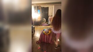 Hot step mom in bra and panties popping balloons with cigarettes, gets her horny and pussy soaked