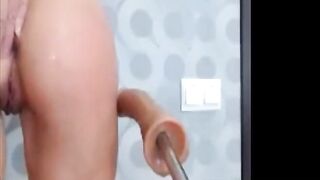 Fucking Machine Pleasures Her Cunt and Anal, Squirting Hard