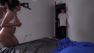 MILF stepmom has a midnight threesome with her two young stepsons