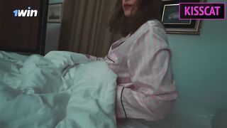 Step mom watched horror and came step son for share bed, but got rough fuck with surprise facial