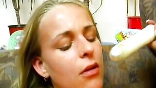 German Blonde Masturbates with Dildo