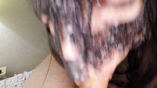 Milf babe gives a blowjob and squirts while singing into the microphone.