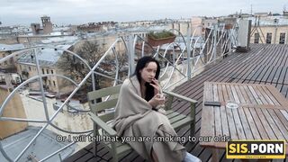 . Brunette beauty agrees for sex with stepbrother to keep him silent