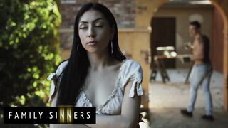 FAMILY SINNERS - Brunette Hottie Visits Her Stepdad But Finds Her Shirtless Step Brother Instead