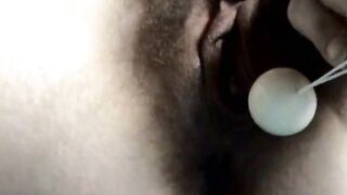 My hairy girl's solo play with love balls leads to orgasmic bliss