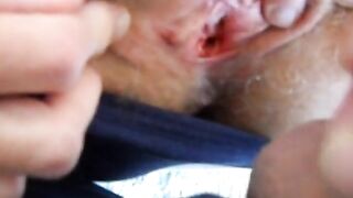 Hairy pussy girl gets fucked and filled with cum