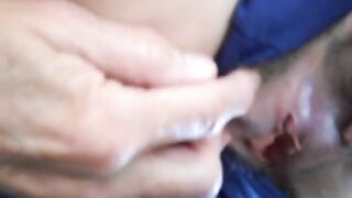 Hairy pussy girl gets fucked and filled with cum